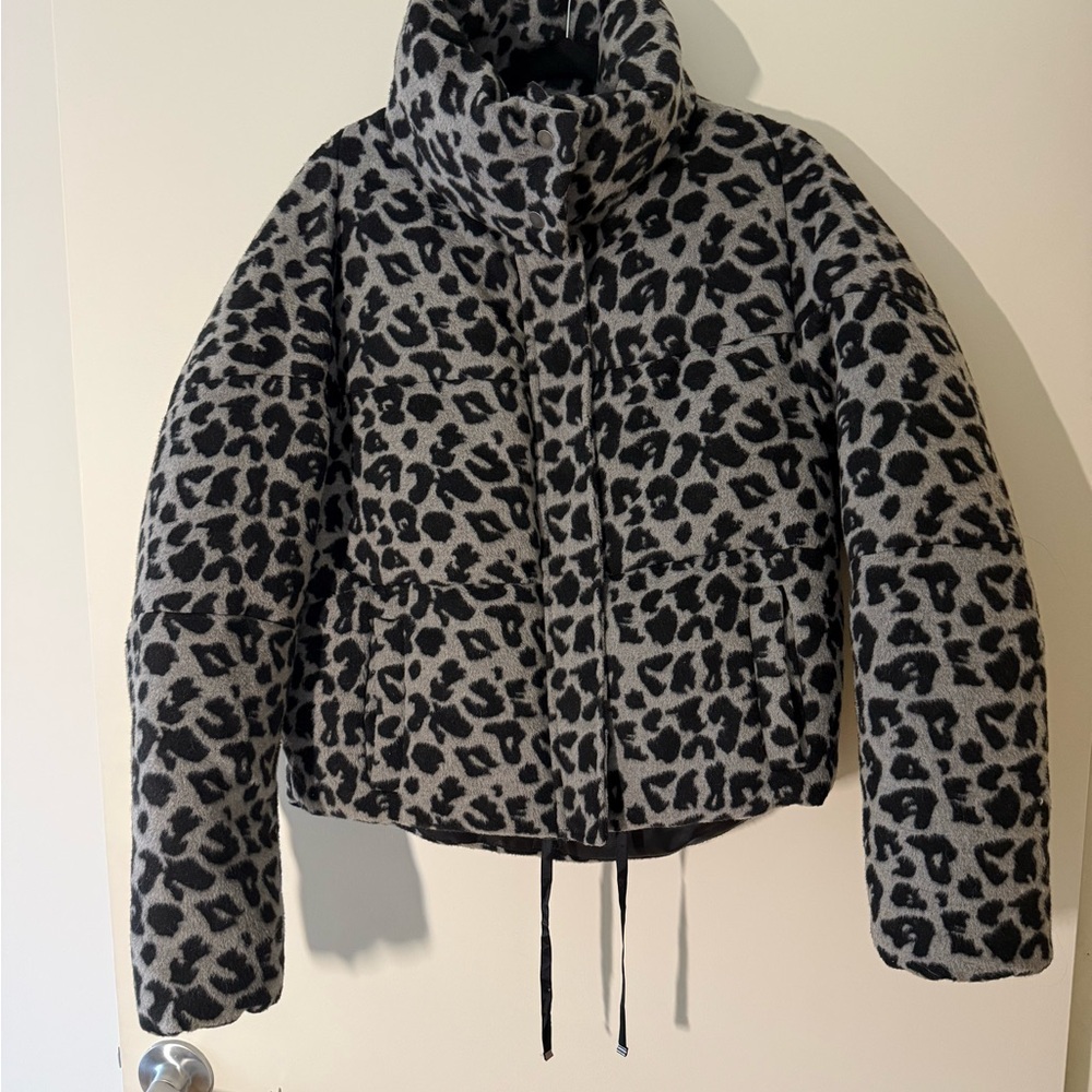 Apparis Black and Gray Leopard Print Puffer Jacket